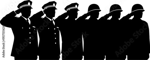 Silhouette of soldiers and police officers saluting in a row  various uniformed personnel showing respect