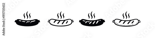 Hot steaming sausage icons in black and white, featuring solid and outline vector designs for grilled meat