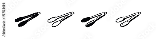 Kitchen tongs icons in black and white, featuring solid and outline vector designs for cooking utensils