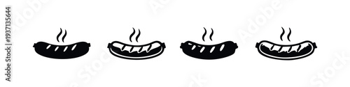 Grilled steaming sausage icons in black and white, featuring solid and outline vector designs for hot food