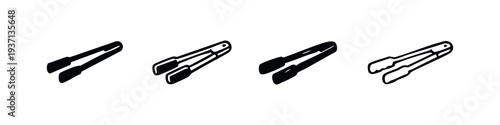Modern kitchen tongs icons in black and white, featuring solid and outline vector designs for cooking tools