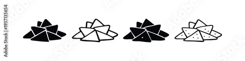 Nacho chips icons in black and white, featuring solid and outline vector designs for Mexican snack food