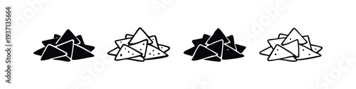 Pile of tortilla chips icons in black and white, featuring solid and outline vector designs for savory snack