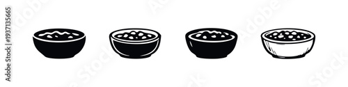 Delicious bowl of dip icons in black and white, featuring solid and outline vector designs for appetizers
