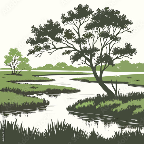 A serene landscape illustration of a tree by a river with grassy banks and a white sky