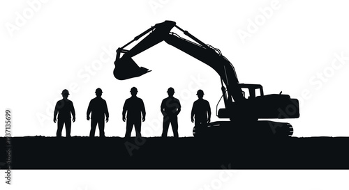 Silhouetted construction workers stand before a large excavator against a muted landscape high quality professional detailed