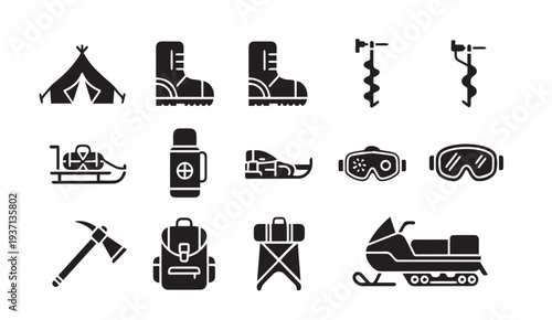 Winter camping and snowmobiling icons for adventure and outdoor activities