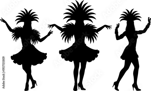 silhouette of three women in hula dance poses with feathered headdresses and short skirts