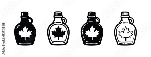 Maple syrup bottle icon set with a maple leaf, perfect for breakfast and Canadian-themed designs.