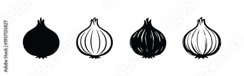 Set of black and white onion bulb icons in various styles