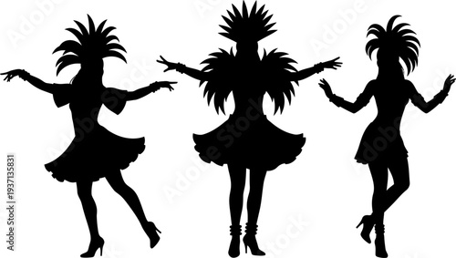 Silhouettes of three dancing women in short dresses and high heels with spiky hairstyles