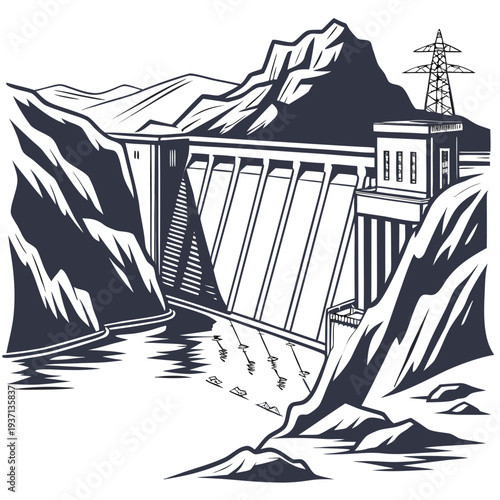Black and white illustration of a dam in a mountainous landscape with a power line tower