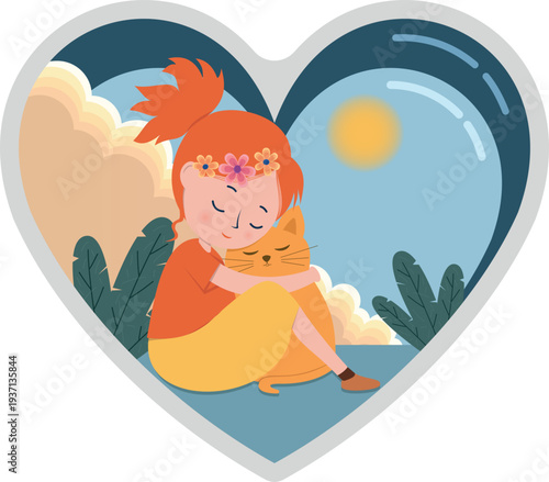 A red-haired girl sits in a large heart outdoors, hugging her beloved cat. A large heart sticker. Girl outdoors, relaxing with a cat.