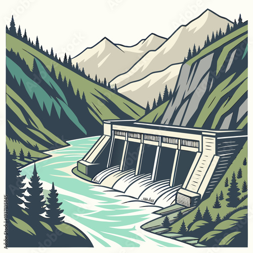Illustration of a dam in a mountainous landscape with a river and trees surrounding it in a natural environment