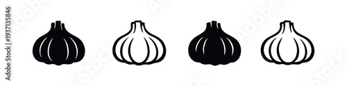 Group of monochrome garlic bulb icons in different styles