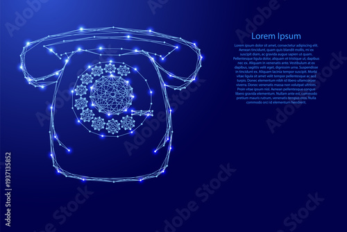 disk phone, old fixed, from futuristic polygonal blue lines and glowing stars for banner, poster, greeting card