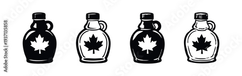 Classic maple syrup bottle icon set featuring a distinct maple leaf, ideal for food and beverage branding.