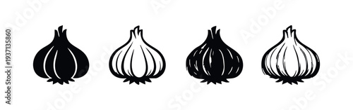 Set of black and white garlic bulb icons with different textures