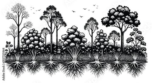 A detailed black and white illustration depicts a forest landscape with trees and exposed roots