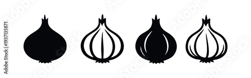Black and white onion icons set for food and cooking themes