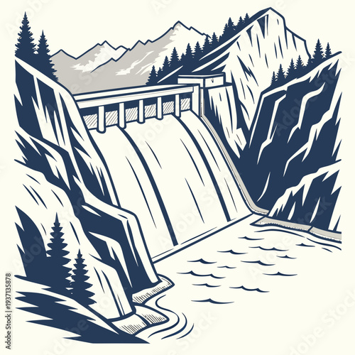 Illustration of a dam with water flowing down in a mountainous landscape with trees and a serene lake