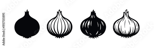 Variety of black and white onion icons, vector illustration