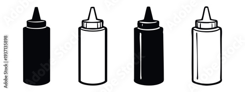 Set of black and white squeeze bottle icons for condiments