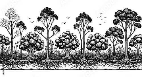 A detailed black and white illustration depicts a variety of trees and grasses in a forest scene