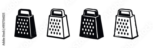 Hand-drawn isometric grater vector set. Kitchen shredder icons for cooking and food preparation.