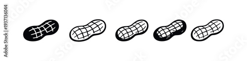 Hand-drawn peanut vector set. Whole groundnut in shell, various black and white doodle styles.