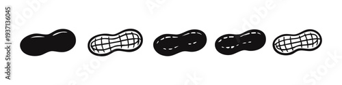 Hand-drawn peanut pod vector set. Groundnut in shell, solid and outline doodle icons.