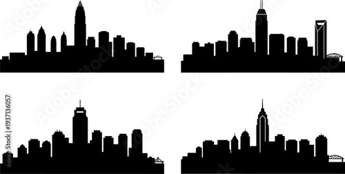 city skylines with various buildings and skyscrapers in silhouette