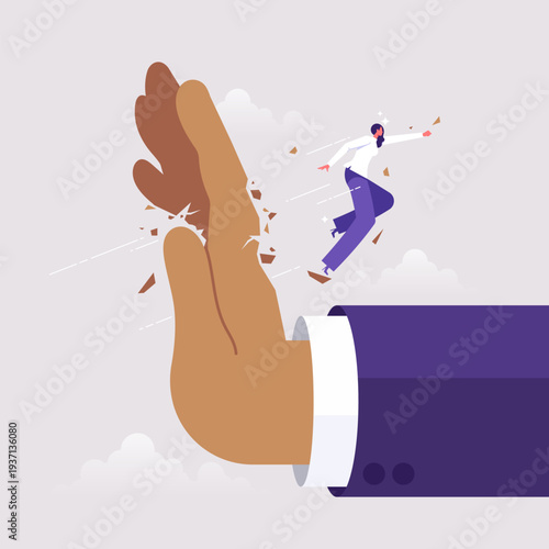 Win over major business competitors concept, strong businesswoman destroys big hand symbol of power, authority, representing courage, and overcoming obstacles in business