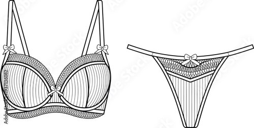 Women lace lingerie set line art illustration, elegant bra and thong underwear fashion sketch, female intimate apparel outline vector isolated on white background