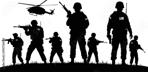 American soldiers with guns and helicopter in military operation