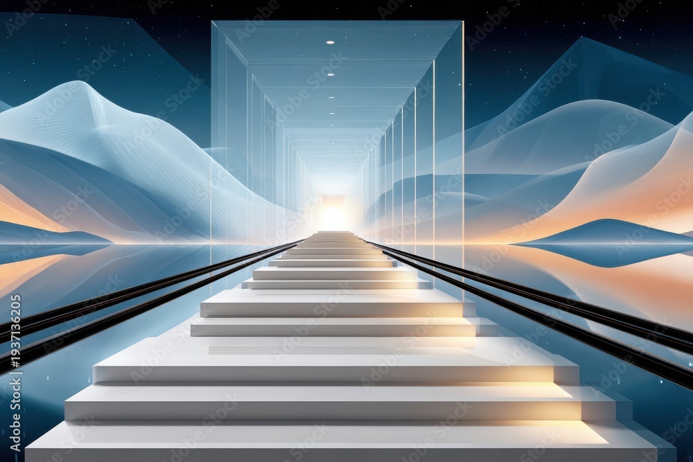 Fototapeta premium Futuristic glass tunnel with glowing steps leading to a bright light in a surreal landscape