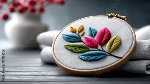 Handcrafted embroidery showcasing colorful leaves on fabric in a crafting workspace
