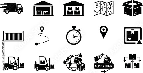 Logistics and supply chain management icons set including trucks warehouses maps and shipping symbols