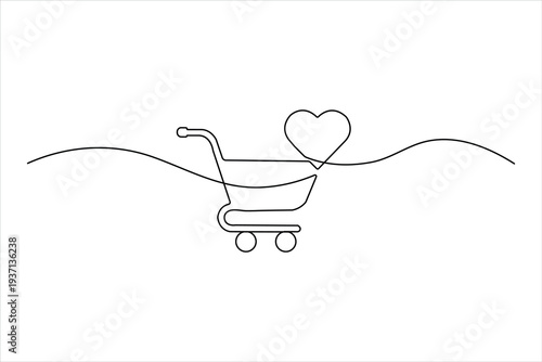 Minimalist one-line art of a shopping cart with a heart shape integrated into the design. Clean black continuous line representing love for shopping.