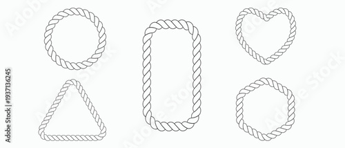 Braided rope formed into various simple shapes on a white background

