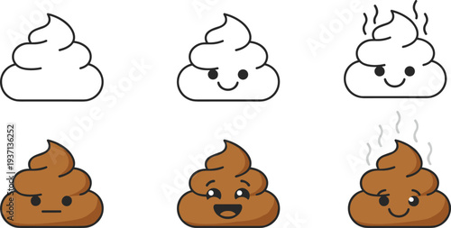 Poop Emoji Icon Set, Cute Cartoon Pile Collection, Funny Smiling Turd Characters, Outline and Colored Vector Illustration