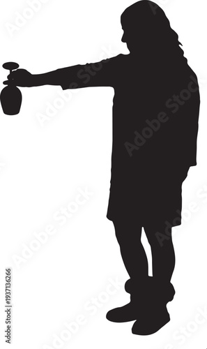 vector, silhouette of  Front view of a woman throwing or emptying a wine glass cup