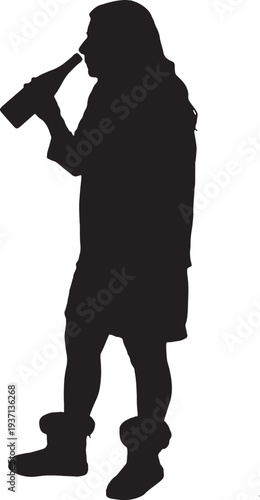 vector, silhouette of   Side view of a woman smelling a  bottle wine