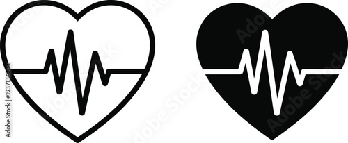 Heartbeat cardiogram icons in outline and solid black on white pulse medical