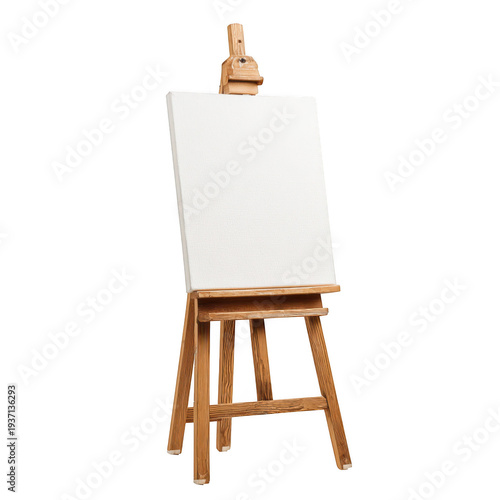 A wooden easel with a blank white canvas board isolated on transparent background