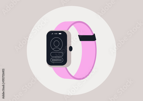 A stylish smart watch features a bright wrist band, perfect for any activity, It offers modern technology on your wrist, blending fashion with function effortlessly.