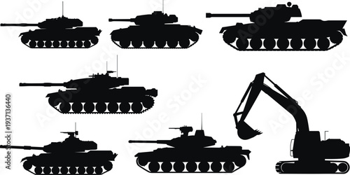 Silhouette illustration collection of six different tanks and one excavator, military vehicle comparison, construction machinery contrast, defense technology reference, educational design resource