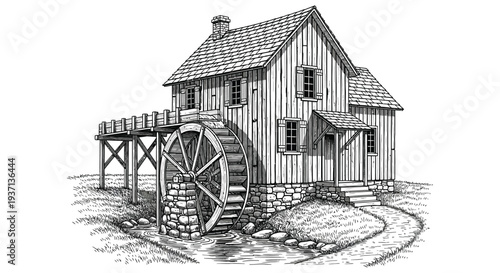 Detailed illustration of a vintage watermill with a stone foundation and rustic wooden architecture high quality