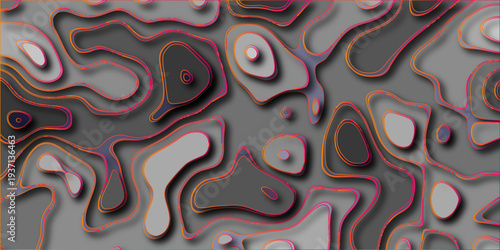 Abstract topographic map inspired background with layered contours in grey tones and vibrant pink and orange outlines creating a modern and energetic visual