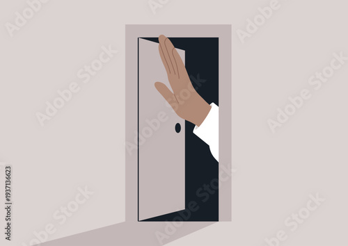 A giant hand fills an open doorway, blocking the path—a symbol of invisible boundaries and gatekeeping, hinting at unseen obstacles that can quietly stand between people and career progress.